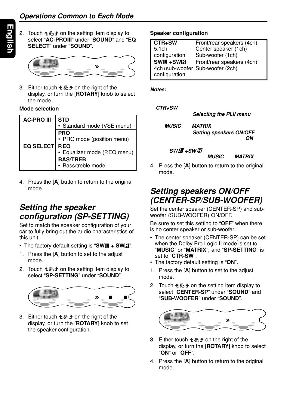English, Setting the speaker configuration (sp-setting), Setting speakers on/off (center-sp/sub-woofer) | Operations common to each mode | Clarion DXZ945MP User Manual | Page 40 / 59