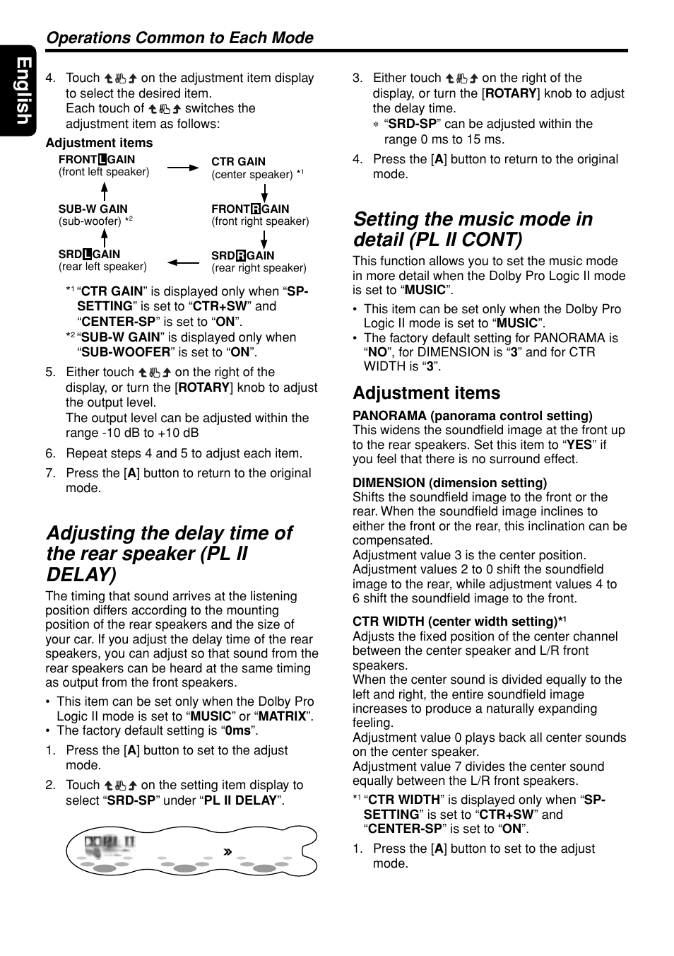 English, Setting the music mode in detail (pl ii cont), Adjustment items | Operations common to each mode | Clarion DXZ945MP User Manual | Page 42 / 59