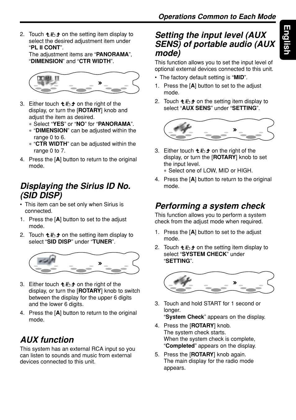 43 english, Displaying the sirius id no. (sid disp), Aux function | Performing a system check, Operations common to each mode | Clarion DXZ945MP User Manual | Page 43 / 59