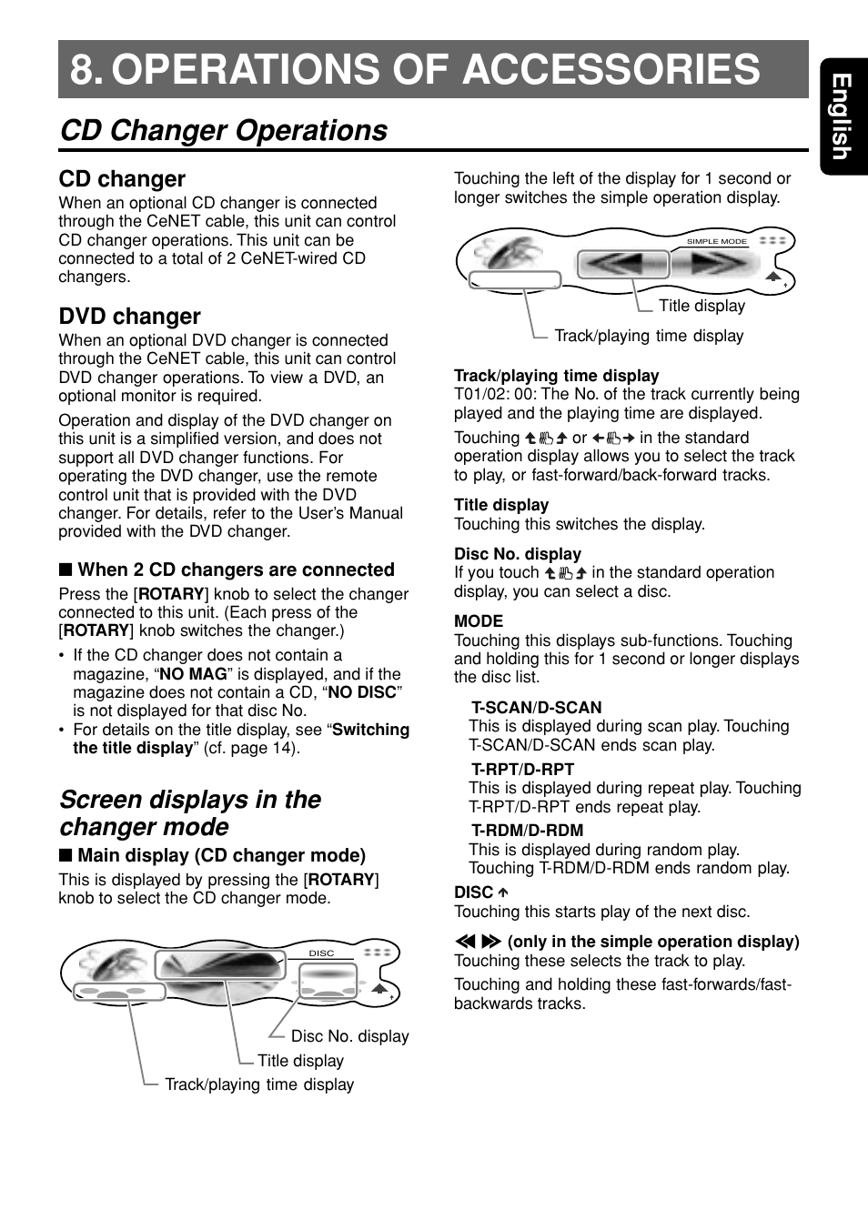 Operations of accessories, Cd changer operations, 45 english | Screen displays in the changer mode, Cd changer, Dvd changer | Clarion DXZ945MP User Manual | Page 45 / 59