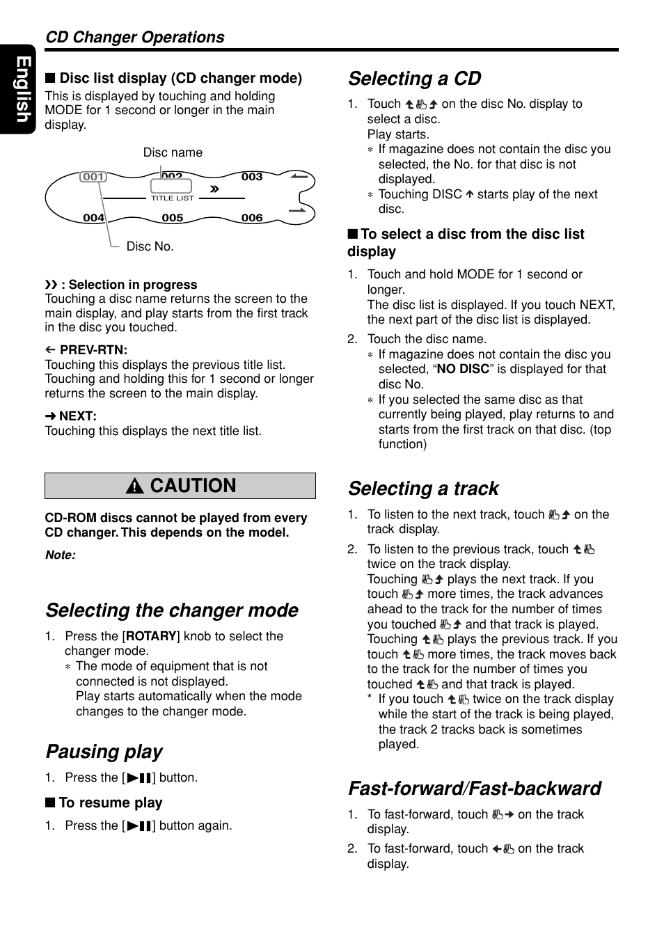 English, Caution, Selecting the changer mode | Pausing play, Selecting a cd, Selecting a track, Fast-forward/fast-backward, Cd changer operations | Clarion DXZ945MP User Manual | Page 46 / 59