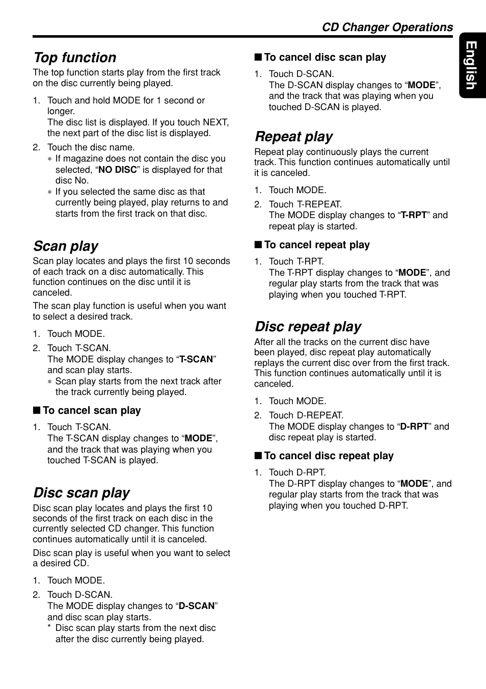 47 english, Top function, Scan play | Disc scan play, Repeat play, Disc repeat play, Cd changer operations | Clarion DXZ945MP User Manual | Page 47 / 59