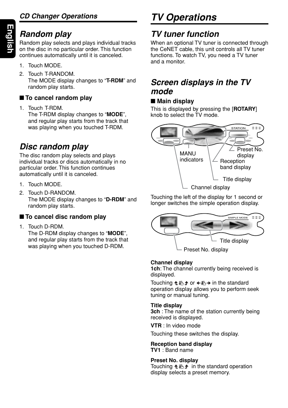 Tv operations, English random play, Disc random play | Tv tuner function, Screen displays in the tv mode, Cd changer operations | Clarion DXZ945MP User Manual | Page 48 / 59
