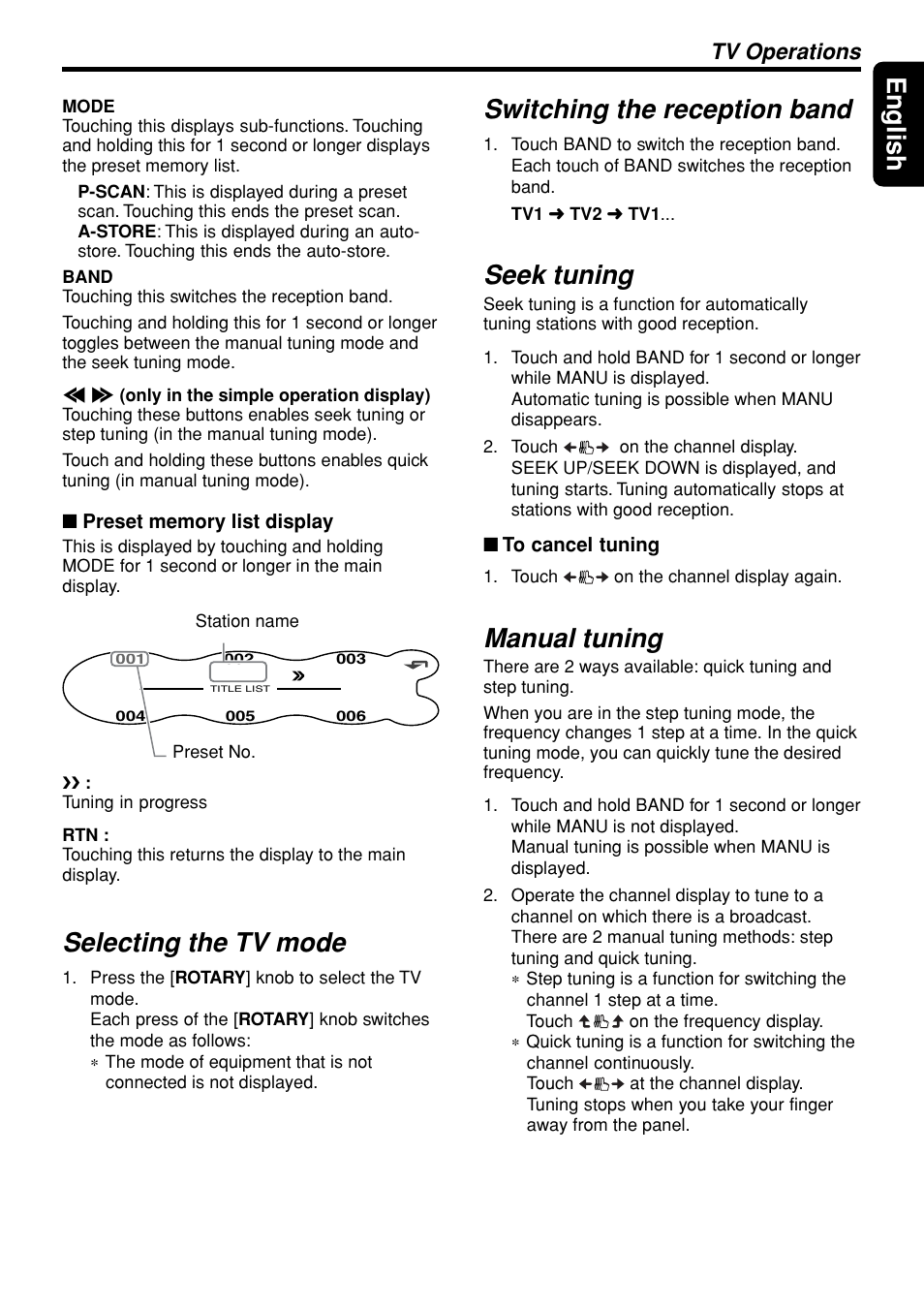 49 english, Selecting the tv mode, Switching the reception band | Seek tuning, Manual tuning, Tv operations | Clarion DXZ945MP User Manual | Page 49 / 59