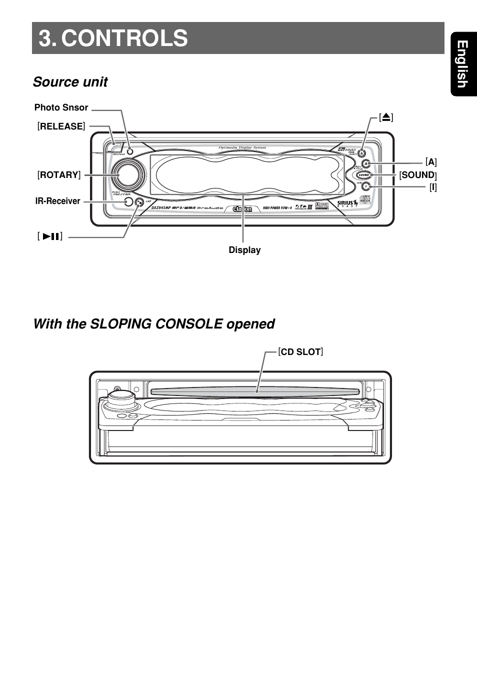 Controls, 5english, Source unit with the sloping console opened | Clarion DXZ945MP User Manual | Page 5 / 59