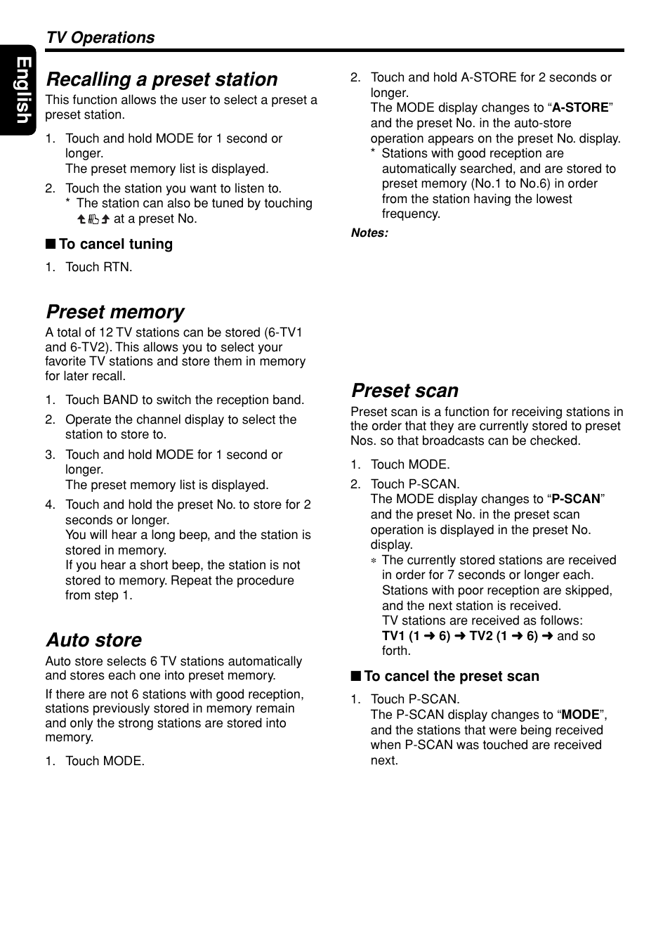 English recalling a preset station, Auto store, Preset scan | Tv operations | Clarion DXZ945MP User Manual | Page 50 / 59