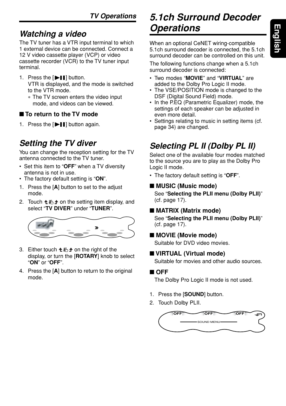 1ch surround decoder operations, 51 english watching a video, Setting the tv diver | Selecting pl ii (dolby pl ii), Tv operations | Clarion DXZ945MP User Manual | Page 51 / 59