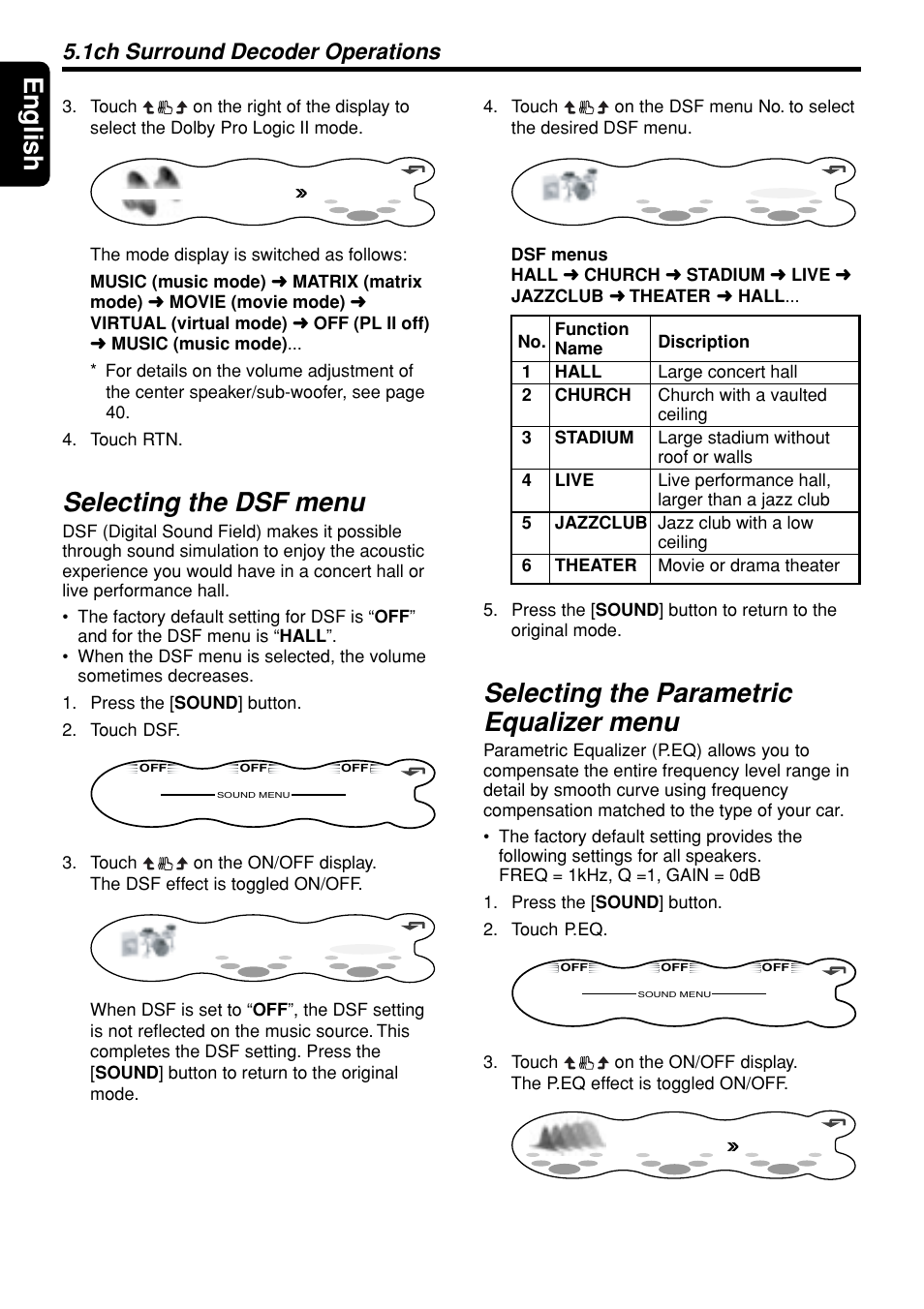 English, Selecting the dsf menu, Selecting the parametric equalizer menu | 1ch surround decoder operations | Clarion DXZ945MP User Manual | Page 52 / 59