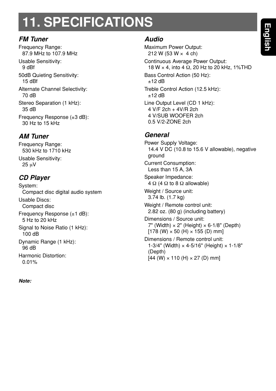 Specifications, 59 english, Audio | General, Fm tuner, Am tuner, Cd player | Clarion DXZ945MP User Manual | Page 59 / 59