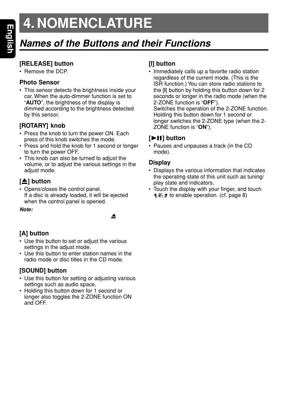 Nomenclature, Names of the buttons and their functions, English | Clarion DXZ945MP User Manual | Page 6 / 59