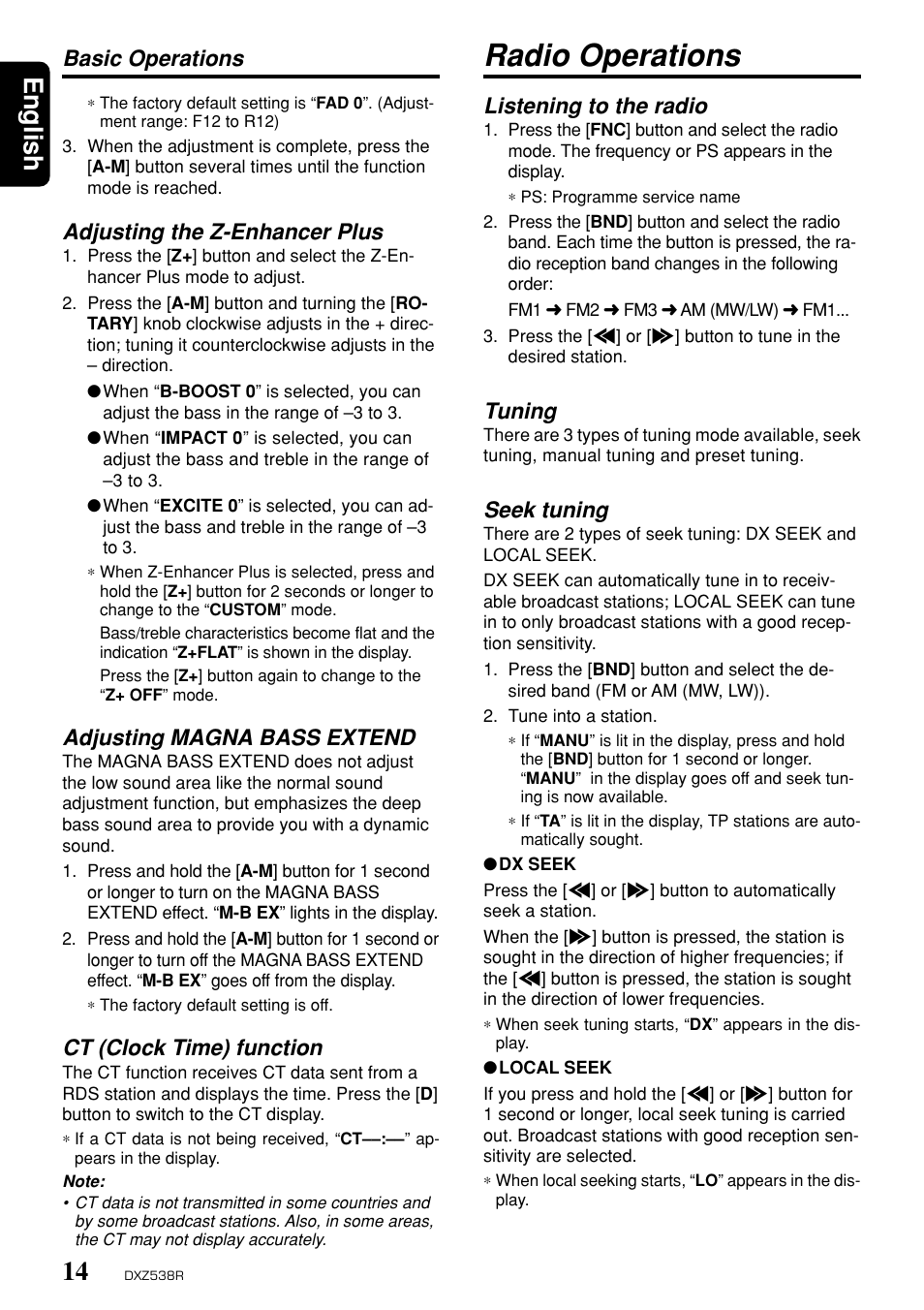 Radio operations, English, Listening to the radio | Tuning, Seek tuning, Basic operations, Adjusting the z-enhancer plus, Adjusting magna bass extend, Ct (clock time) function | Clarion DXZ538R User Manual | Page 10 / 30