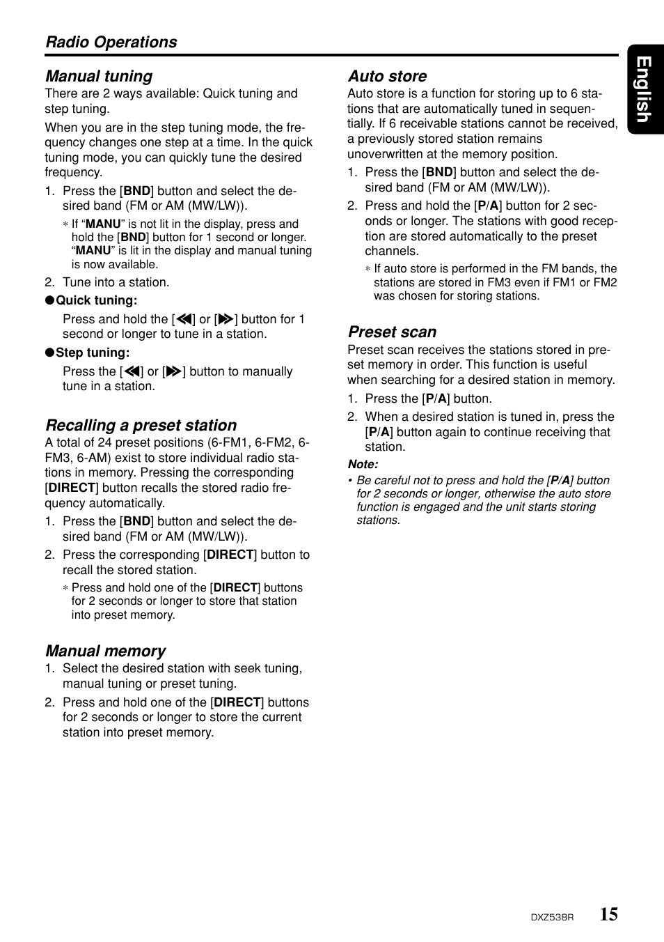 15 english, Manual tuning, Recalling a preset station | Radio operations auto store, Preset scan | Clarion DXZ538R User Manual | Page 11 / 30