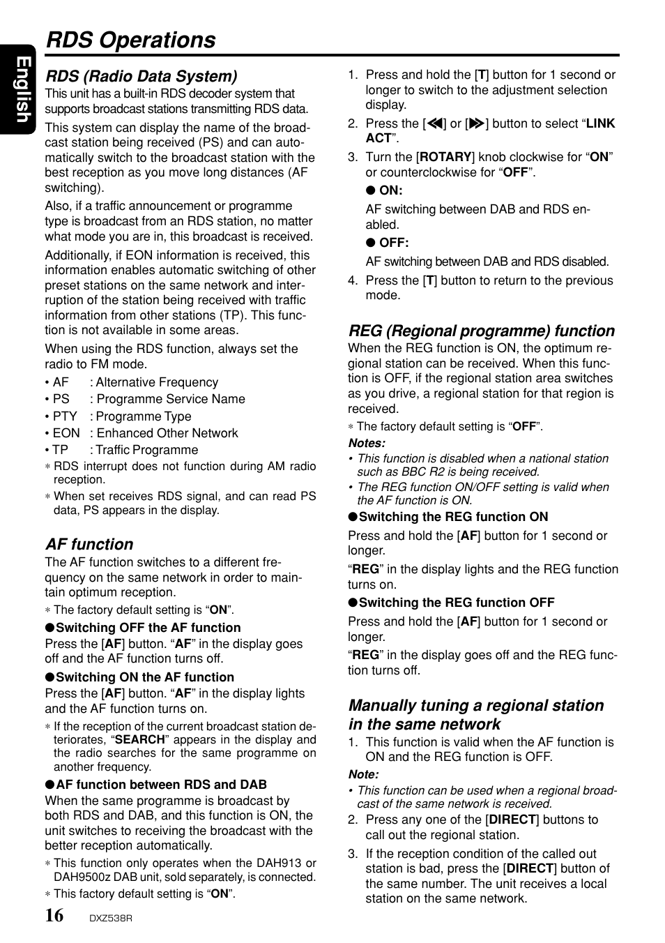 Rds operations, English, Reg (regional programme) function | Rds (radio data system), Af function | Clarion DXZ538R User Manual | Page 12 / 30