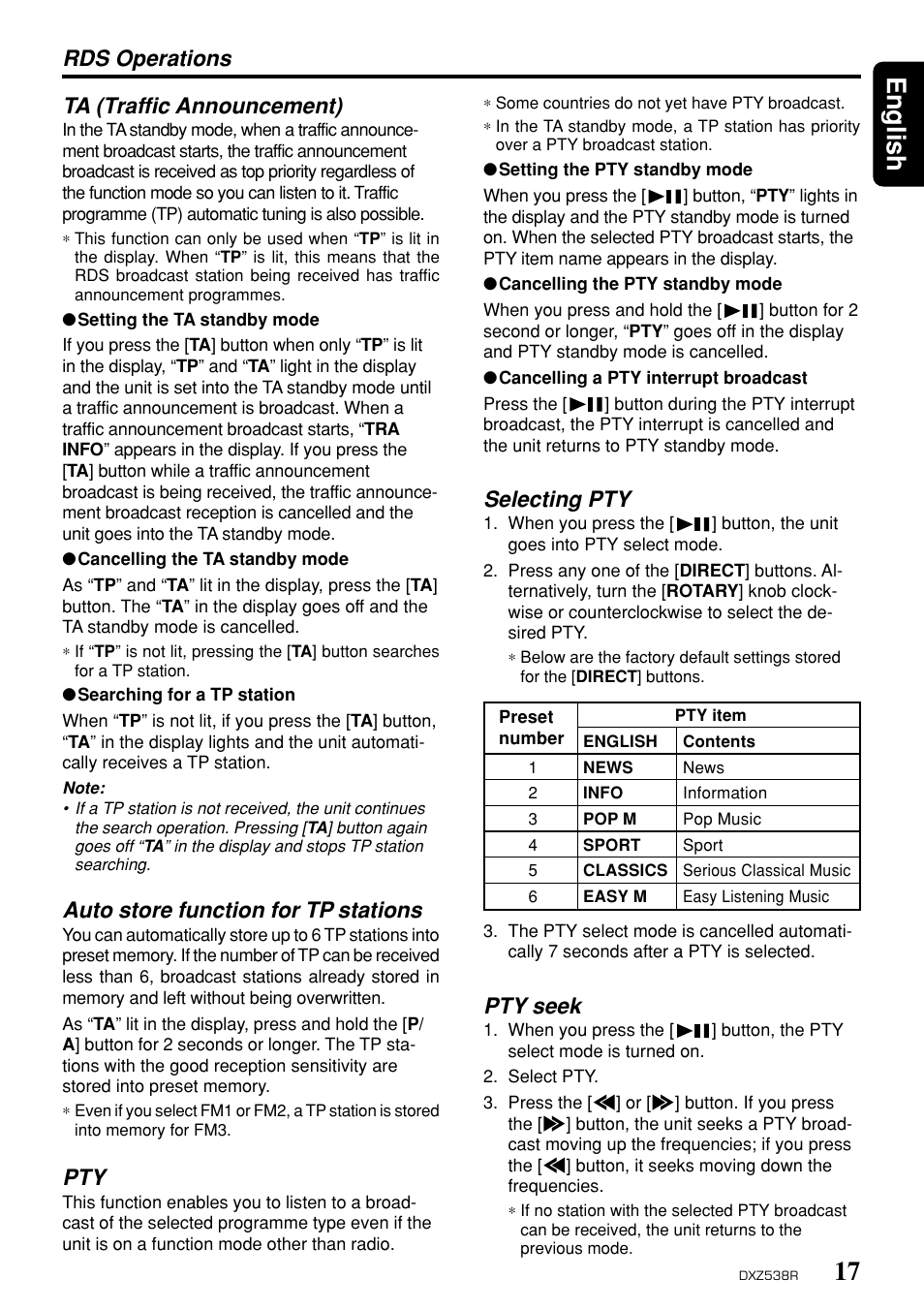 17 english, Rds operations ta (traffic announcement), Auto store function for tp stations | Selecting pty, Pty seek | Clarion DXZ538R User Manual | Page 13 / 30