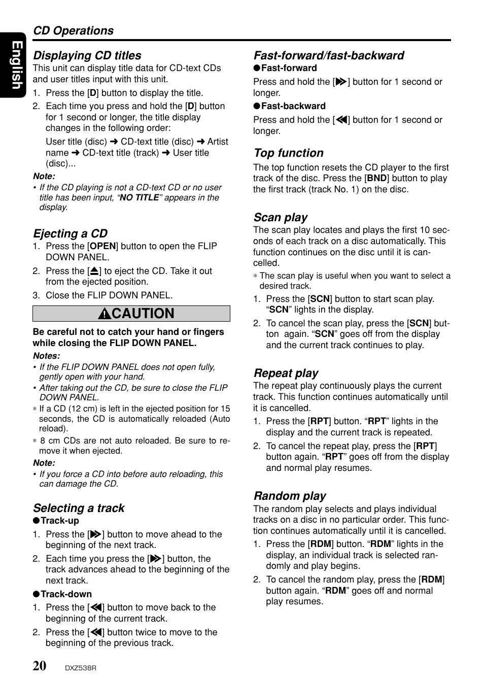 English, Caution, Displaying cd titles | Ejecting a cd, Selecting a track, Cd operations fast-forward/fast-backward, Top function, Scan play, Repeat play, Random play | Clarion DXZ538R User Manual | Page 16 / 30