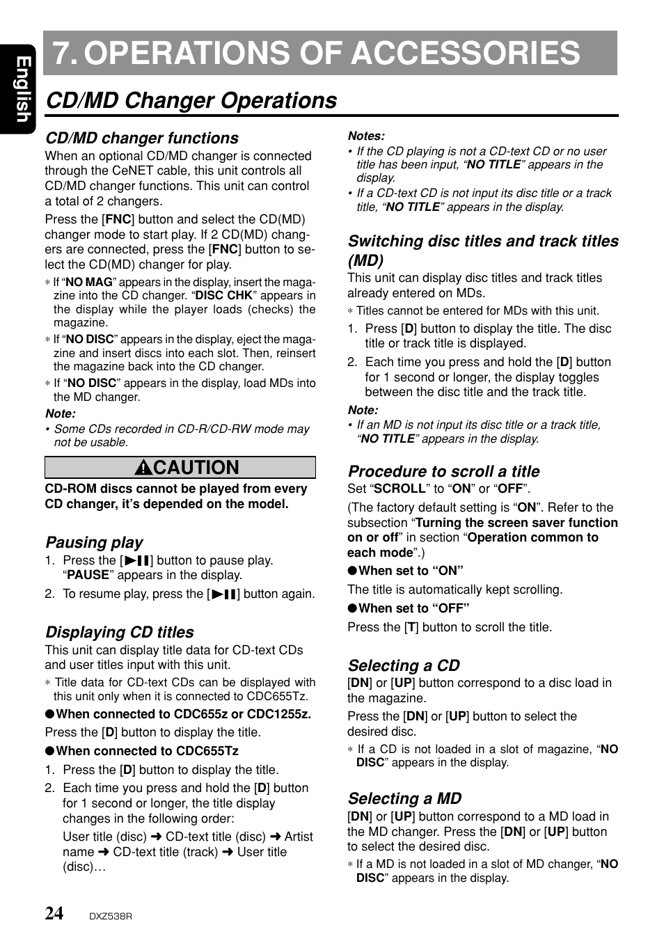 Operations of accessories, Cd/md changer operations, English | Caution, Cd/md changer functions, Switching disc titles and track titles (md), Procedure to scroll a title, Selecting a cd, Selecting a md, Pausing play | Clarion DXZ538R User Manual | Page 20 / 30