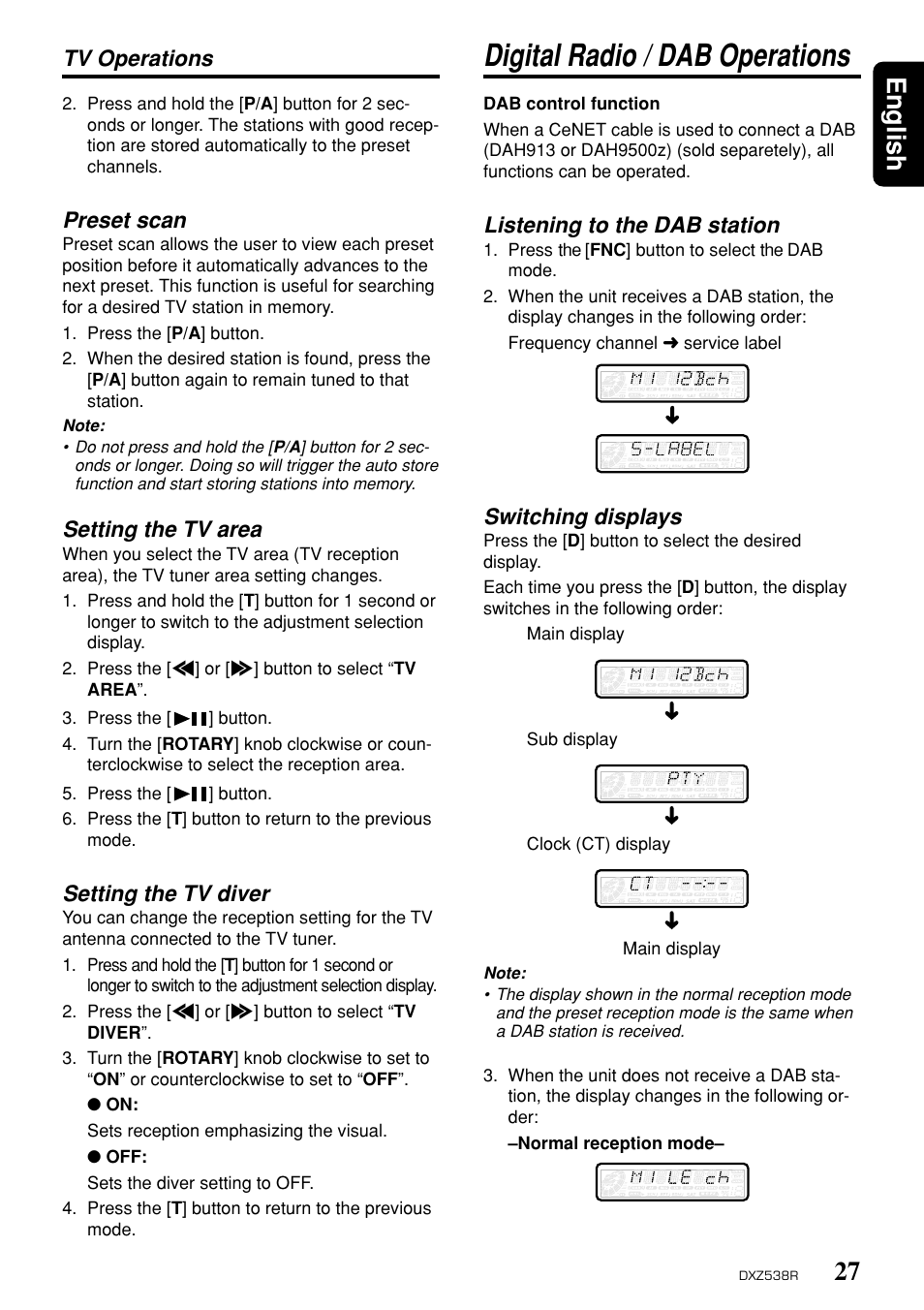 Digital radio / dab operations, 27 english, Preset scan | Setting the tv area, Setting the tv diver, Tv operations, Listening to the dab station, Switching displays | Clarion DXZ538R User Manual | Page 23 / 30