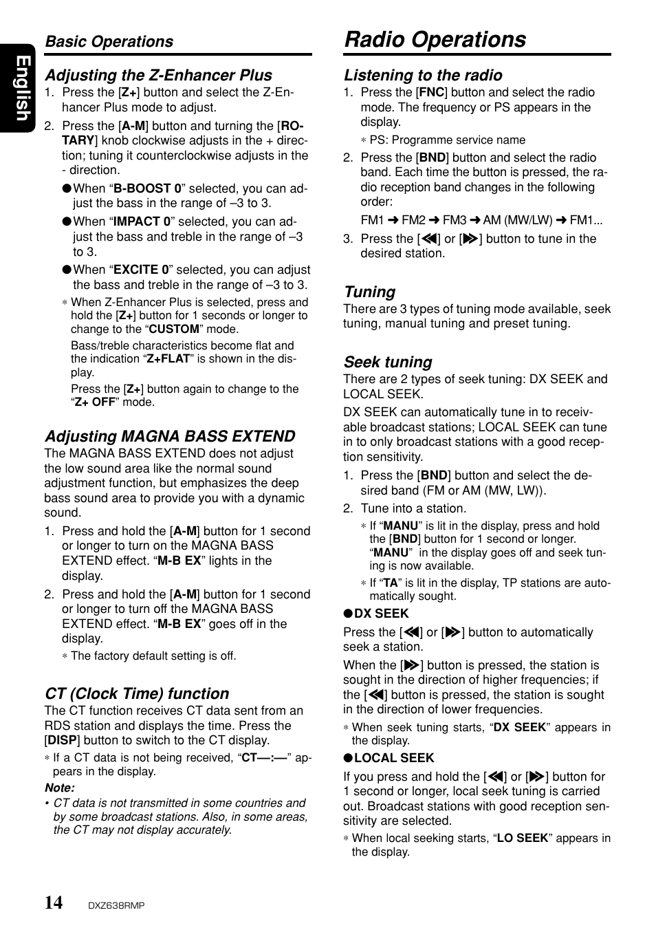 Radio operations, English, Listening to the radio | Tuning, Seek tuning, Basic operations adjusting the z-enhancer plus, Adjusting magna bass extend, Ct (clock time) function | Clarion Net DXZ638RMP User Manual | Page 10 / 34