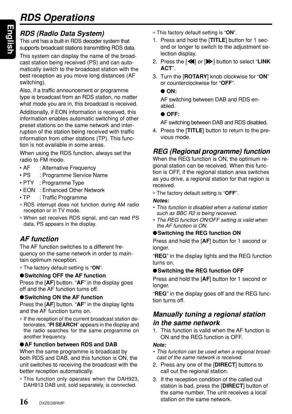 Rds operations, English, Reg (regional programme) function | Rds (radio data system), Af function | Clarion Net DXZ638RMP User Manual | Page 12 / 34