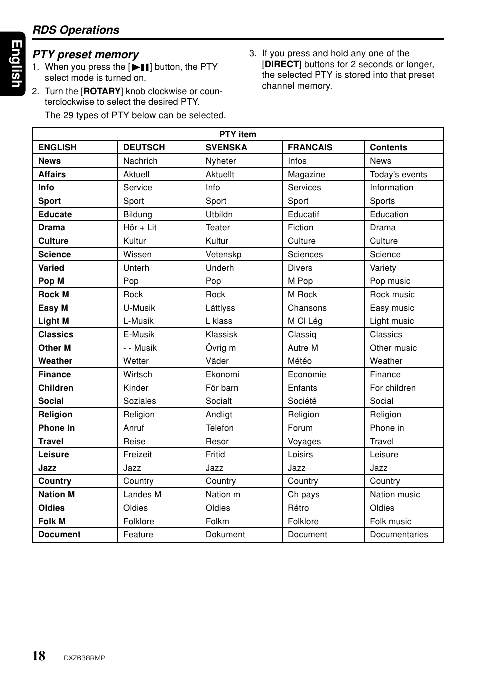 English, Rds operations | Clarion Net DXZ638RMP User Manual | Page 14 / 34