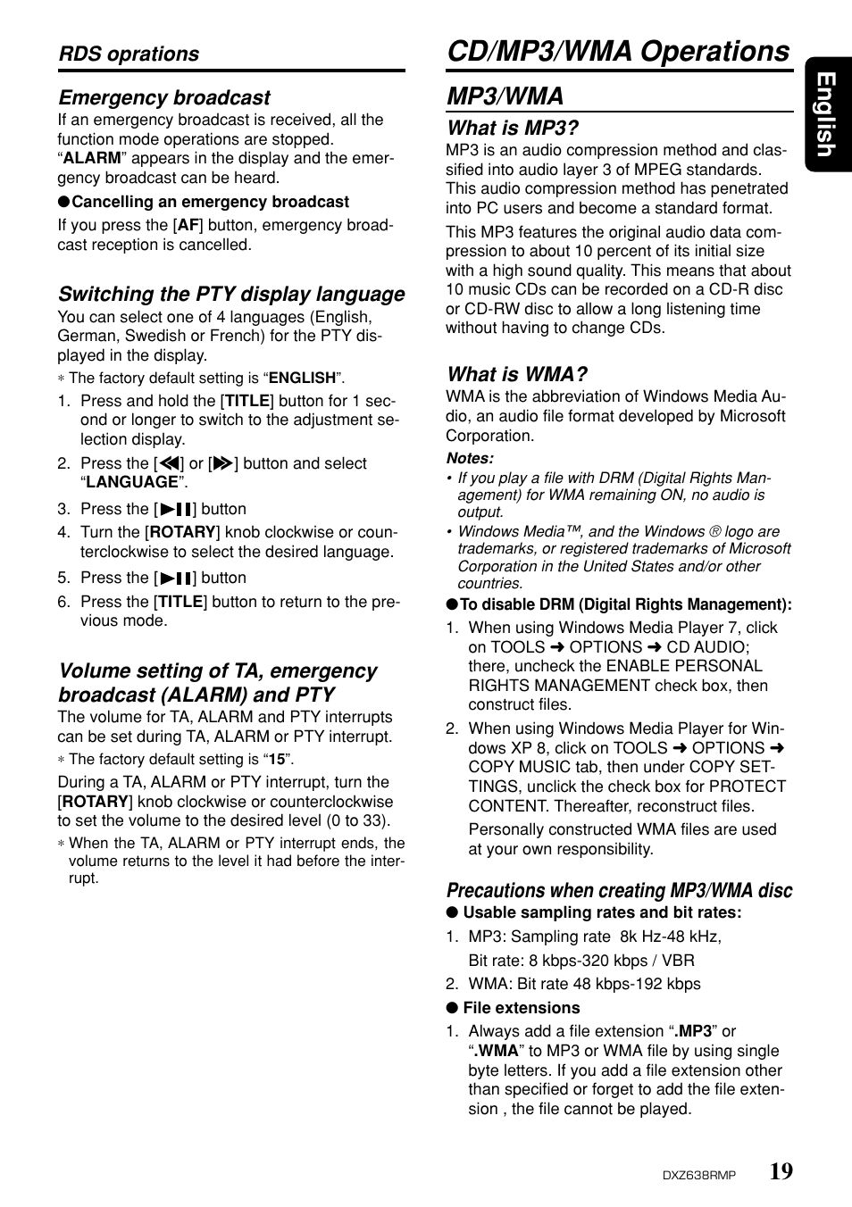 Cd/mp3/wma operations, 19 english, Mp3/wma | Rds oprations emergency broadcast, Switching the pty display language, What is mp3, What is wma, Precautions when creating mp3/wma disc | Clarion Net DXZ638RMP User Manual | Page 15 / 34