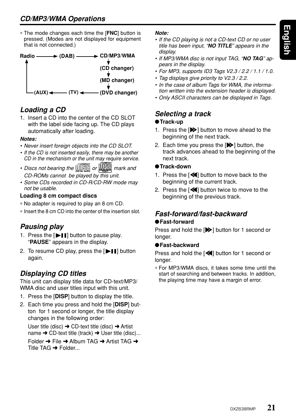 21 english, Cd/mp3/wma operations, Selecting a track | Fast-forward/fast-backward, Loading a cd, Pausing play, Displaying cd titles | Clarion Net DXZ638RMP User Manual | Page 17 / 34
