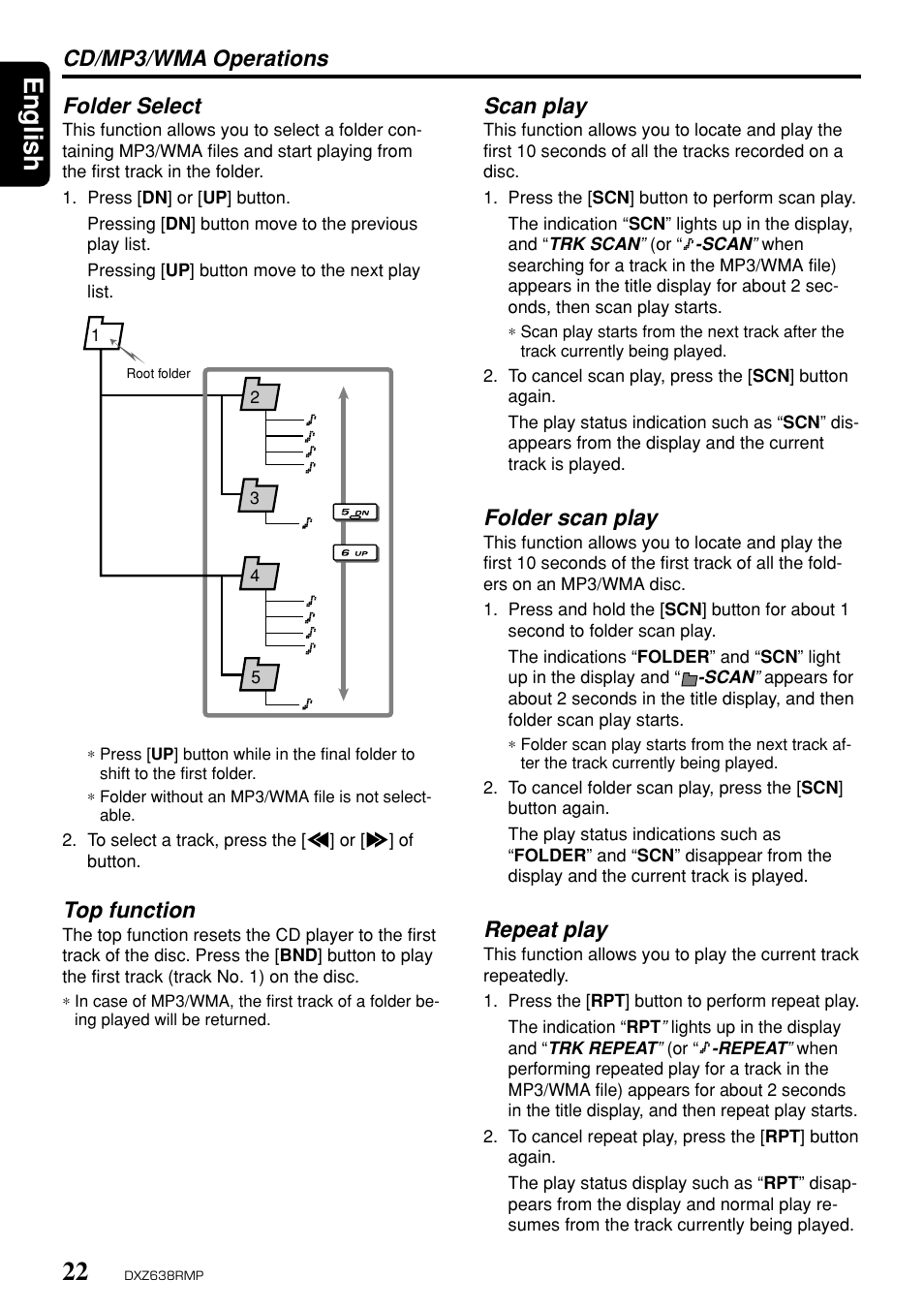 English, Folder select, Scan play | Folder scan play, Repeat play, Cd/mp3/wma operations, Top function | Clarion Net DXZ638RMP User Manual | Page 18 / 34