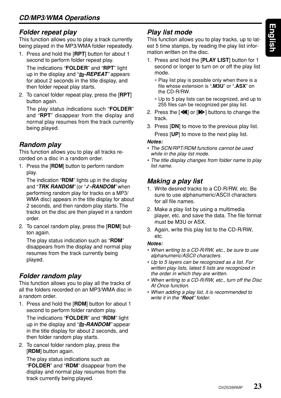 23 english, Folder repeat play, Random play | Folder random play, Cd/mp3/wma operations play list mode, Making a play list | Clarion Net DXZ638RMP User Manual | Page 19 / 34