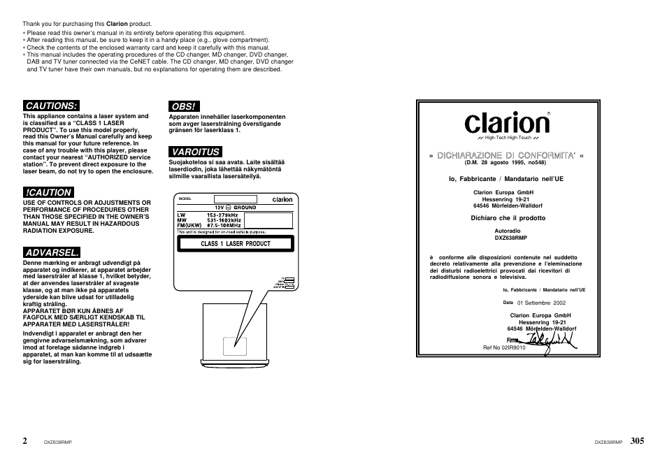 Cautions, Caution, Advarsel | Varoitus, Dichiarazione di conformita | Clarion Net DXZ638RMP User Manual | Page 2 / 34