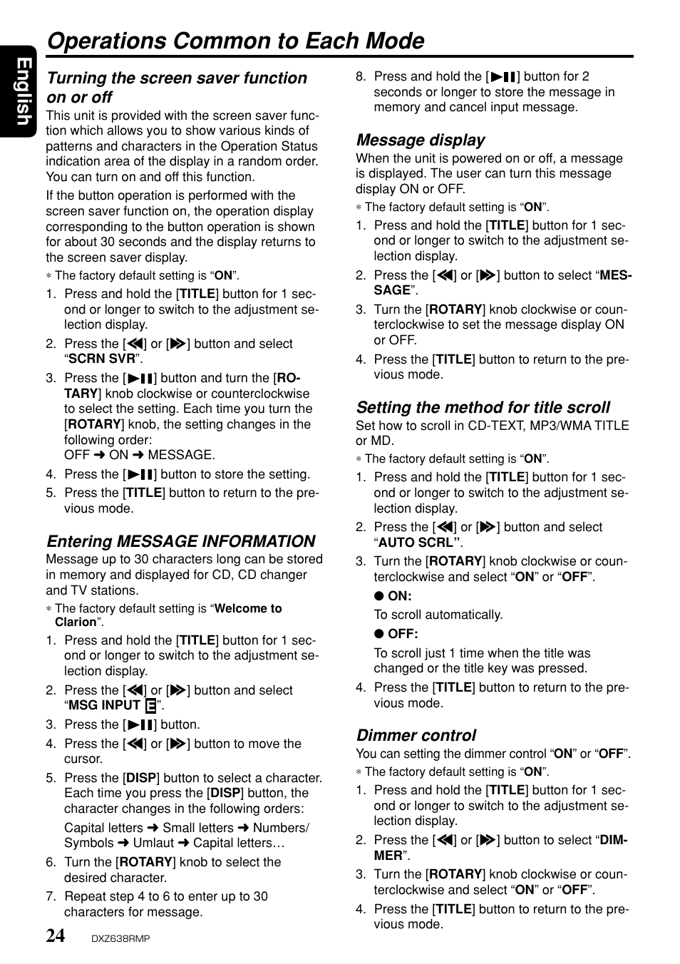 Operations common to each mode, English, Message display | Setting the method for title scroll, Dimmer control, Turning the screen saver function on or off, Entering message information | Clarion Net DXZ638RMP User Manual | Page 20 / 34