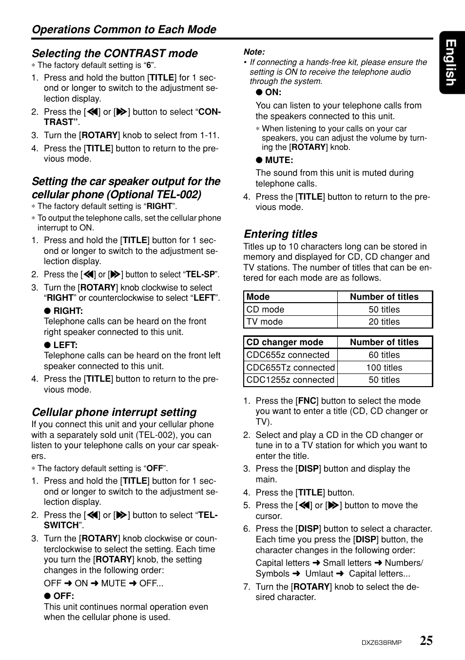 25 english, Cellular phone interrupt setting, Entering titles | Clarion Net DXZ638RMP User Manual | Page 21 / 34