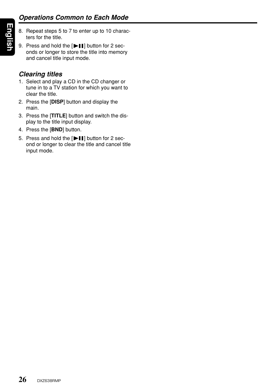 English, Operations common to each mode, Clearing titles | Clarion Net DXZ638RMP User Manual | Page 22 / 34