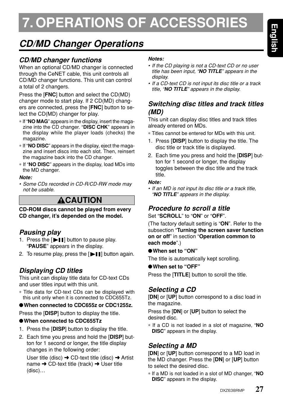 Operations of accessories, Cd/md changer operations, 27 english | Caution, Cd/md changer functions, Switching disc titles and track titles (md), Procedure to scroll a title, Selecting a cd, Selecting a md, Pausing play | Clarion Net DXZ638RMP User Manual | Page 23 / 34