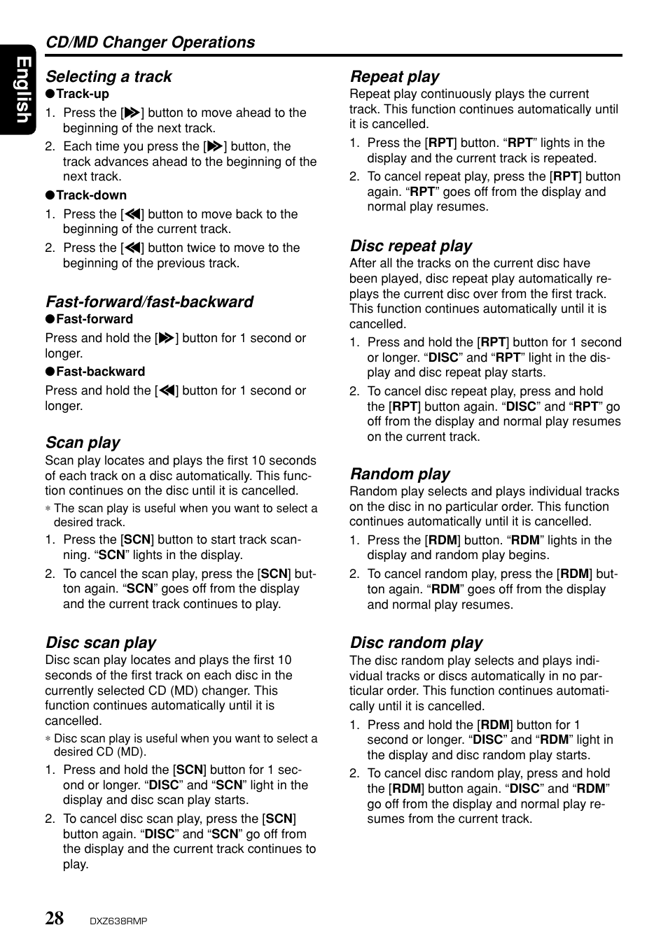 English, Cd/md changer operations selecting a track, Fast-forward/fast-backward | Scan play, Disc scan play, Repeat play, Disc repeat play, Random play, Disc random play | Clarion Net DXZ638RMP User Manual | Page 24 / 34