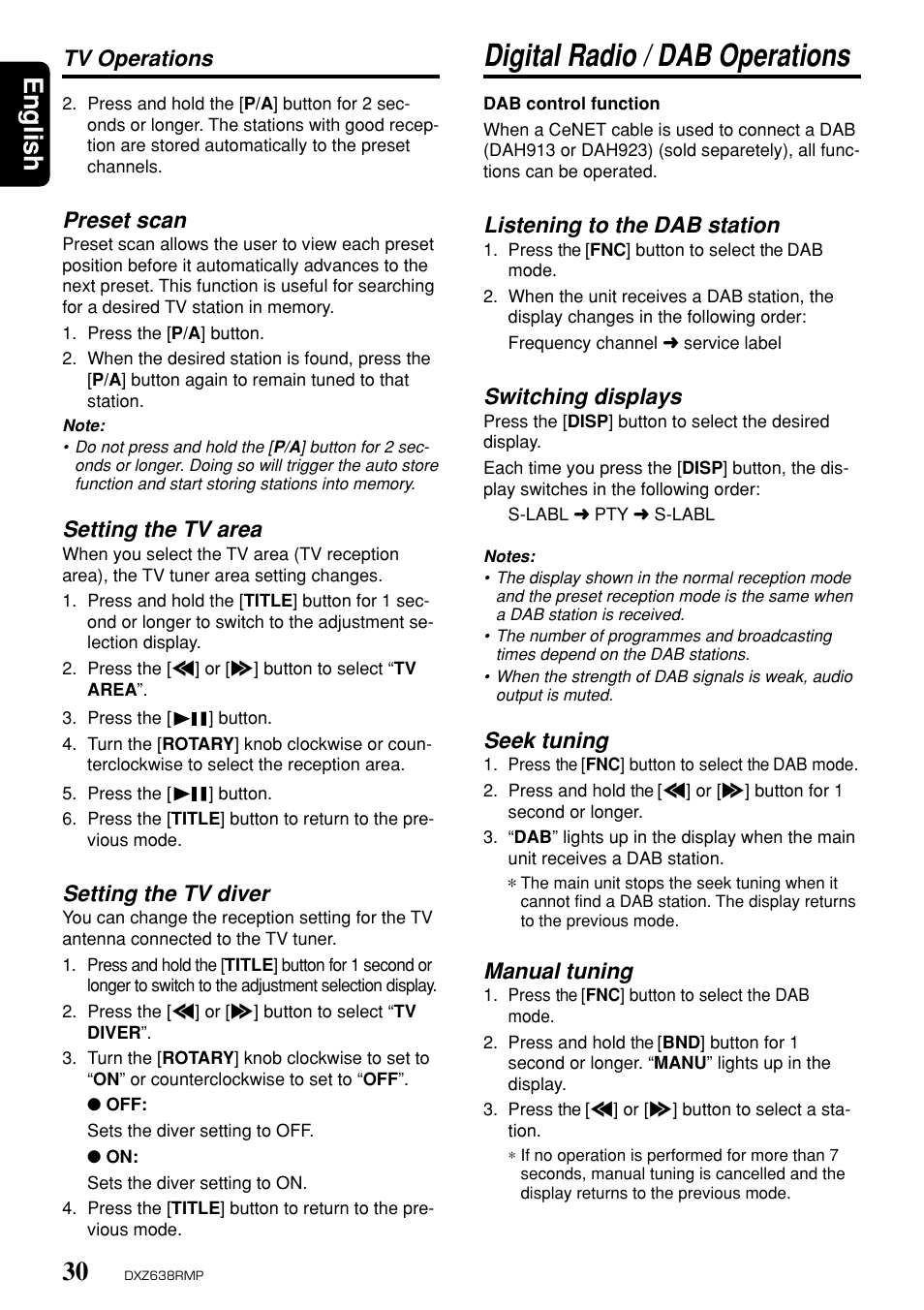 Digital radio / dab operations, English, Preset scan | Setting the tv area, Setting the tv diver, Tv operations, Listening to the dab station, Switching displays, Seek tuning, Manual tuning | Clarion Net DXZ638RMP User Manual | Page 26 / 34