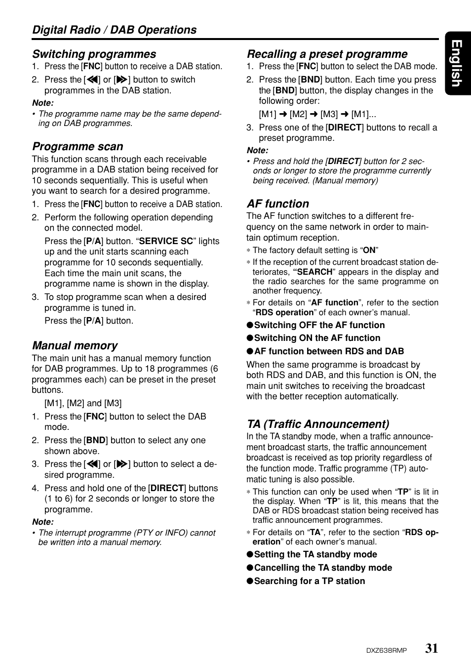 31 english, Programme scan, Recalling a preset programme | Af function, Ta (traffic announcement) | Clarion Net DXZ638RMP User Manual | Page 27 / 34