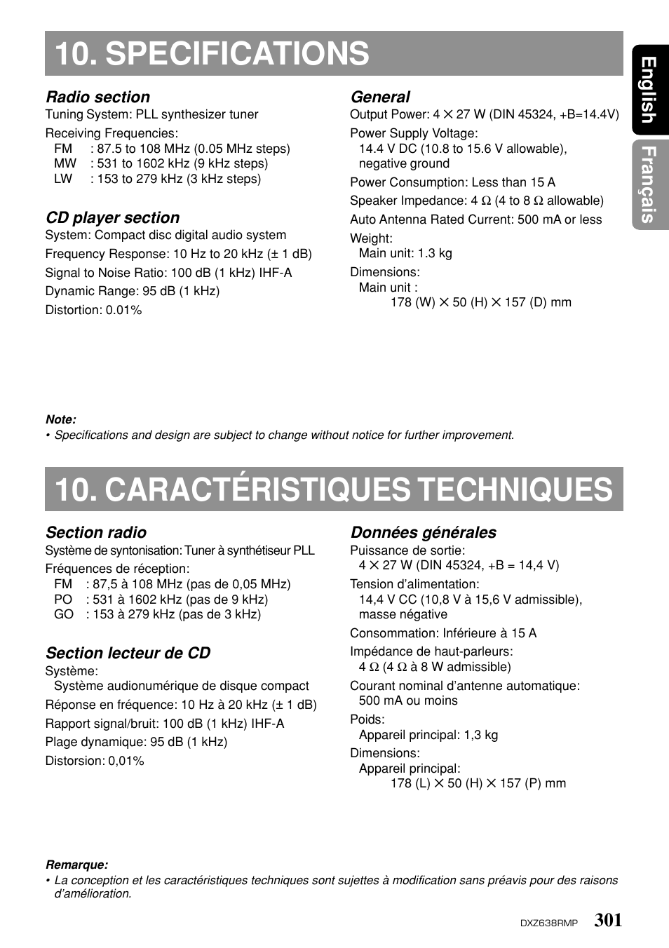 Specifications 10. caractéristiques techniques, Fran ç ais english fran ç ais | Clarion Net DXZ638RMP User Manual | Page 34 / 34