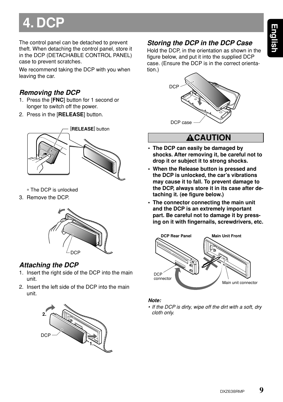 9english, Caution, Removing the dcp | Attaching the dcp, Storing the dcp in the dcp case | Clarion Net DXZ638RMP User Manual | Page 5 / 34