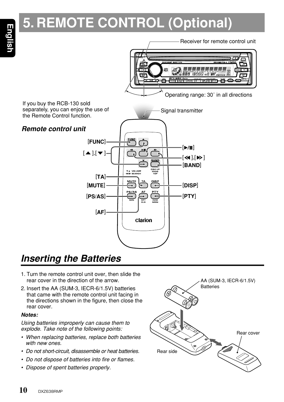 Remote control (optional), Inserting the batteries, English | Remote control unit | Clarion Net DXZ638RMP User Manual | Page 6 / 34