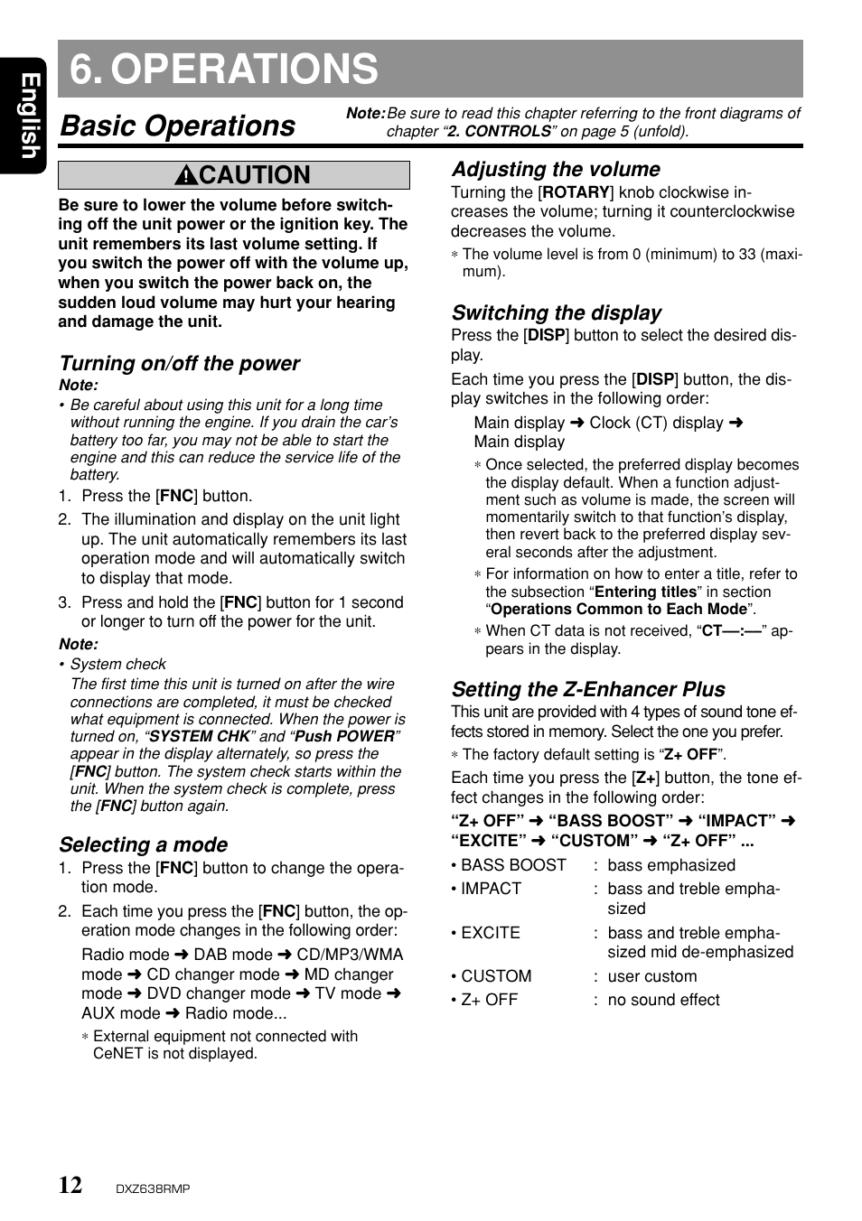 Operations, Basic operations, English | Caution, Turning on/off the power, Selecting a mode, Adjusting the volume, Switching the display, Setting the z-enhancer plus | Clarion Net DXZ638RMP User Manual | Page 8 / 34