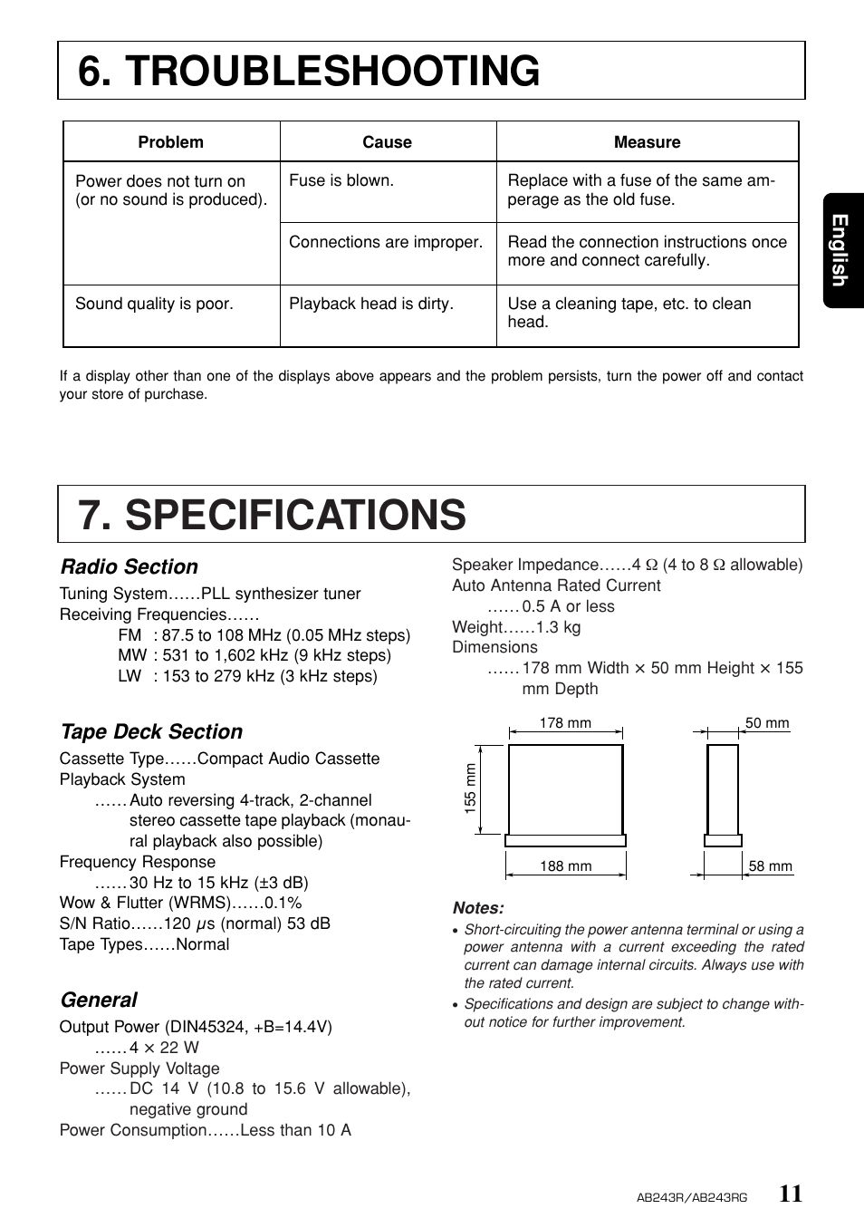 Troubleshooting, Specifications | Clarion AB243R AB243RG User Manual | Page 10 / 10