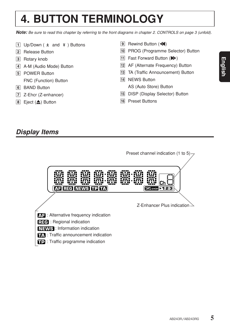 Button terminology, Display items | Clarion AB243R AB243RG User Manual | Page 4 / 10