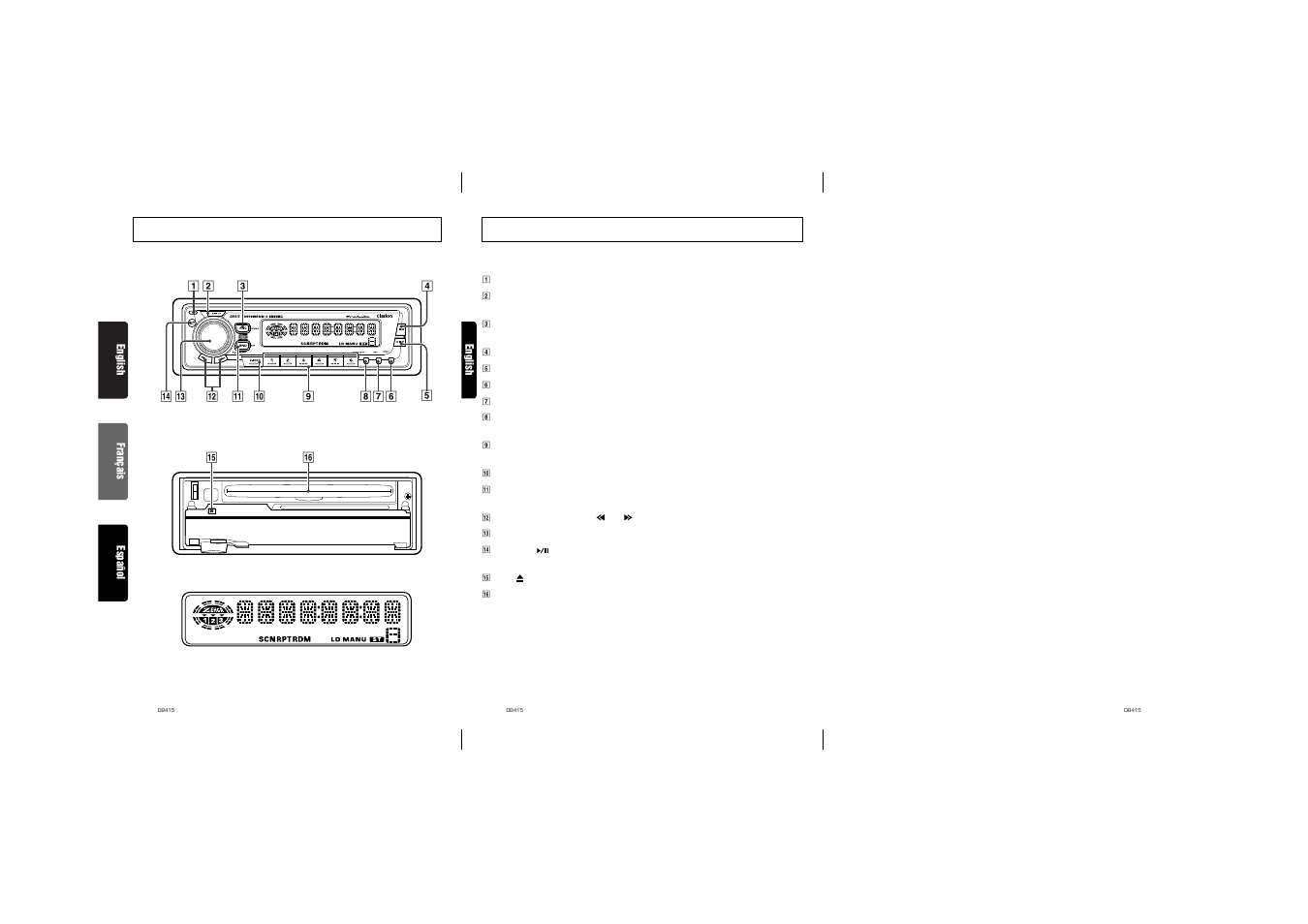 Controls / les commandes / controles, Button terminology, English | Clarion DB415 User Manual | Page 2 / 14