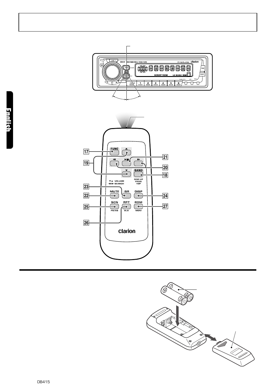 Remote control, English, Inserting the batteries | Remote control unit | Clarion DB415 User Manual | Page 6 / 14