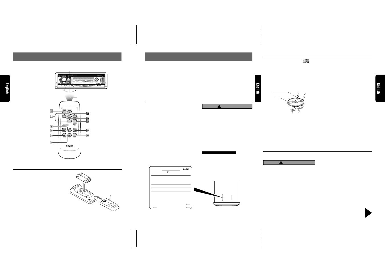 Precautions, Remote control, Handling compact discs | Inserting the batteries, Sloping console, Caution, Remote control unit | Clarion XDZ716 User Manual | Page 3 / 53