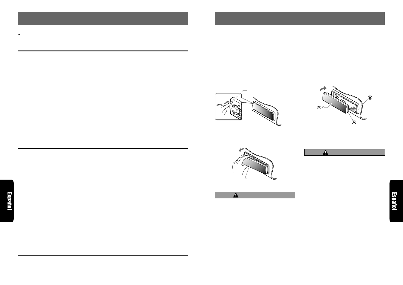 Nomenclatura, Panel de control desmontable (dcp), Nombres de los botones | Pantalla de cristal líquido, Ítemes de visualización (modo de función), Precaución | Clarion XDZ716 User Manual | Page 39 / 53