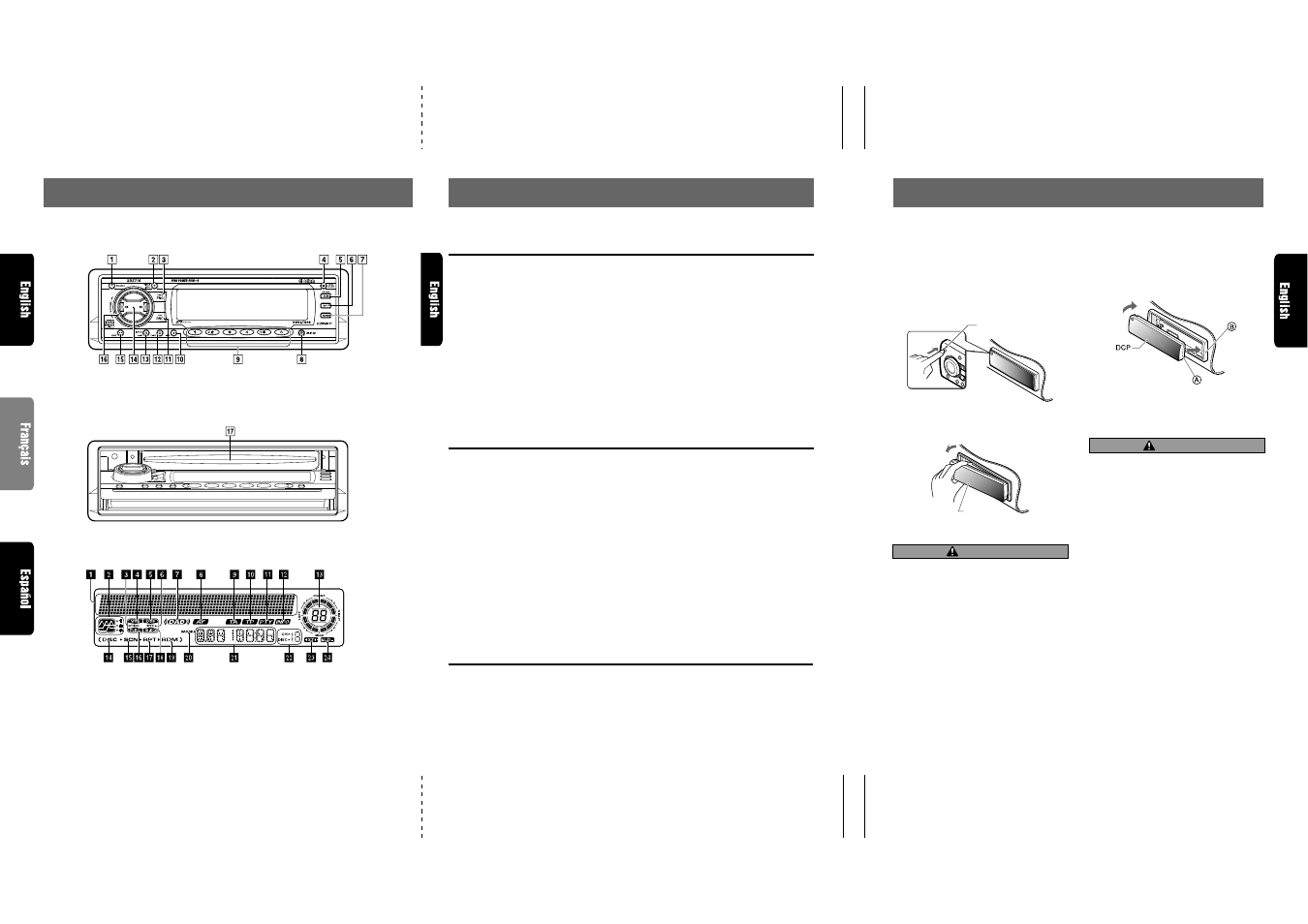 Nomenclature, Controls / les commandes / controles, Names of buttons | Display items, Lcd screen | Clarion XDZ716 User Manual | Page 4 / 53