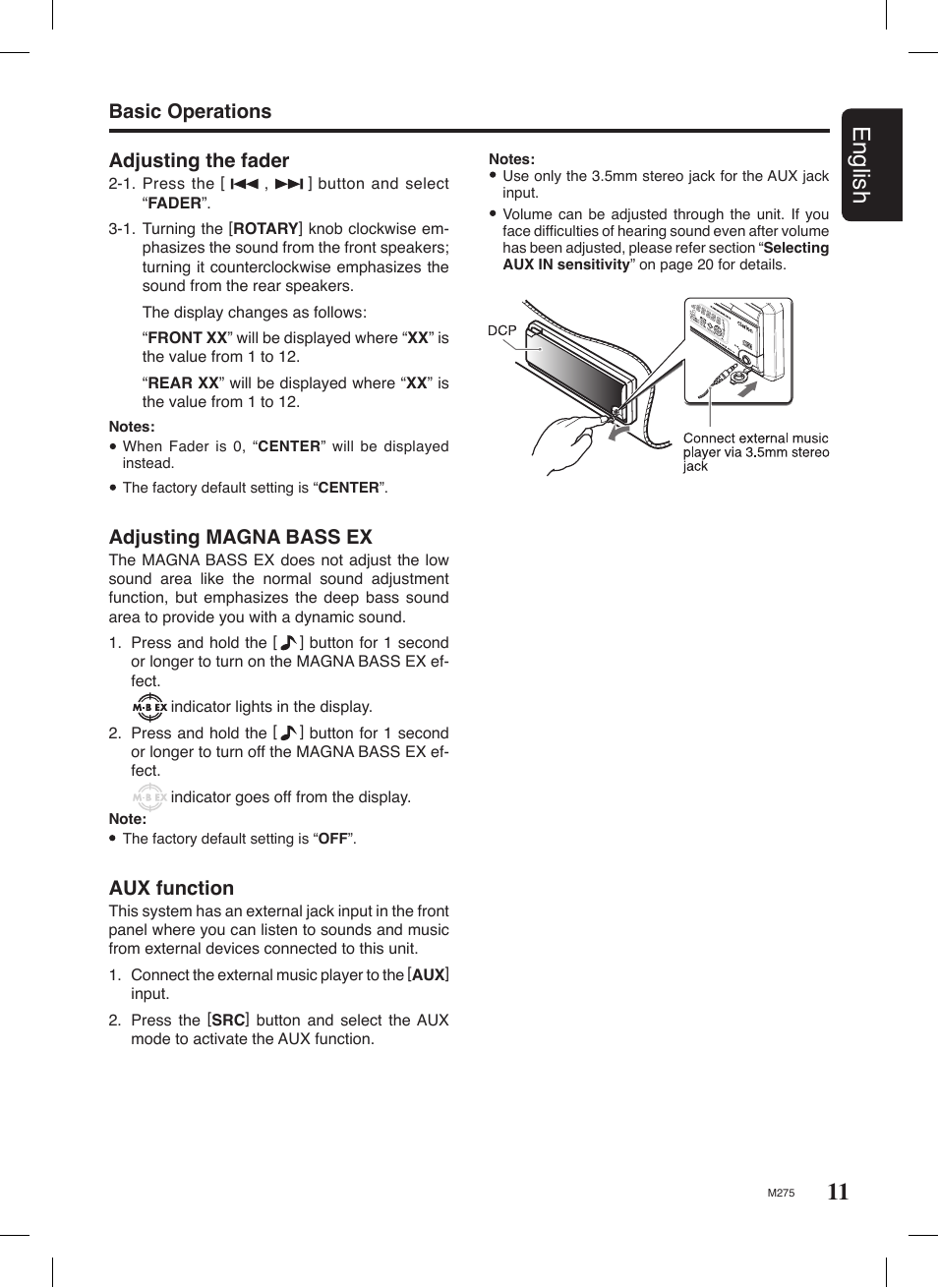 11 english, Basic operations adjusting magna bass ex, Aux function | Adjusting the fader | Clarion M275 User Manual | Page 10 / 25
