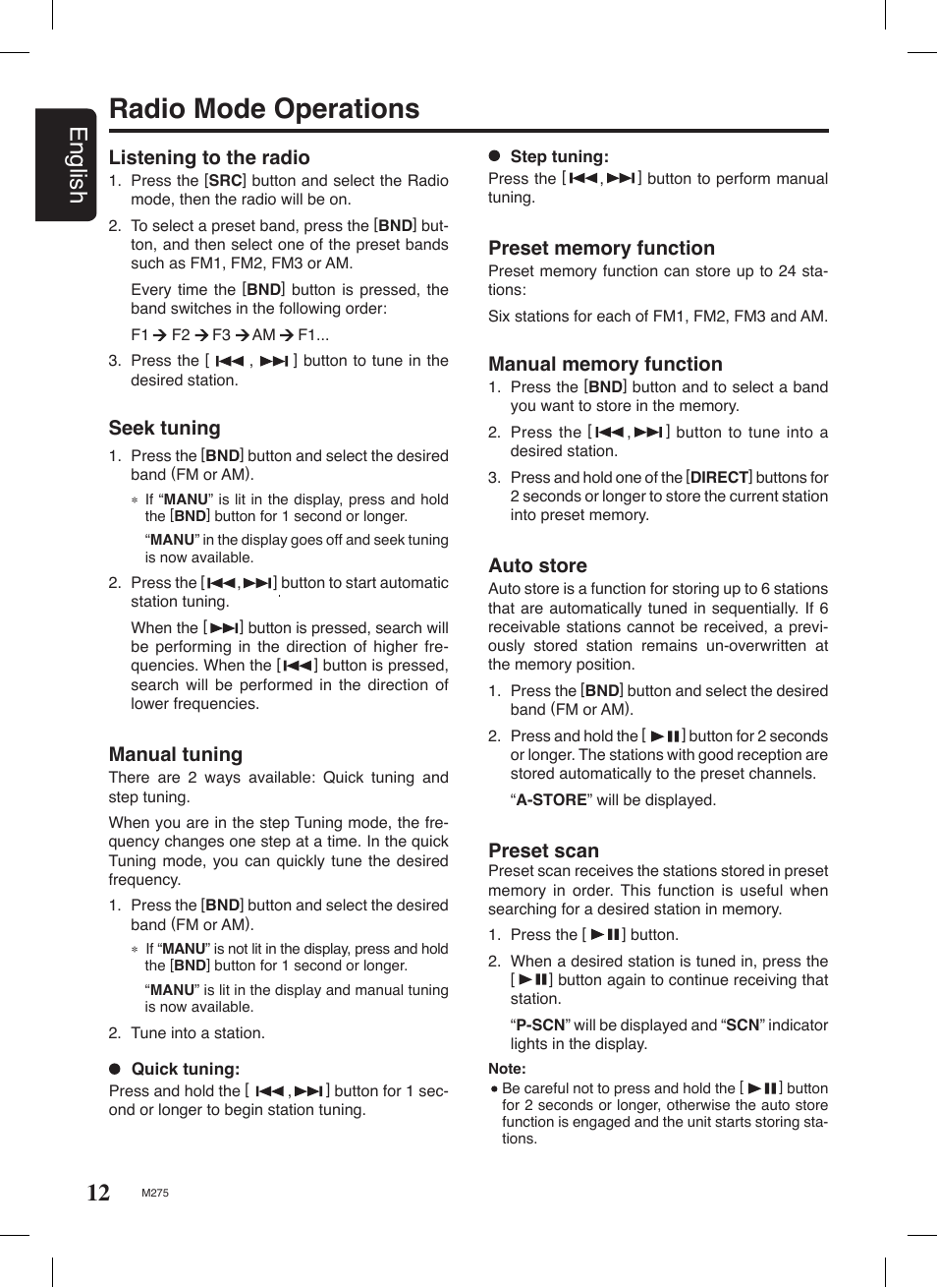 Radio mode operations, 12 english, Auto store | Preset scan, Manual tuning, Listening to the radio, Seek tuning | Clarion M275 User Manual | Page 11 / 25