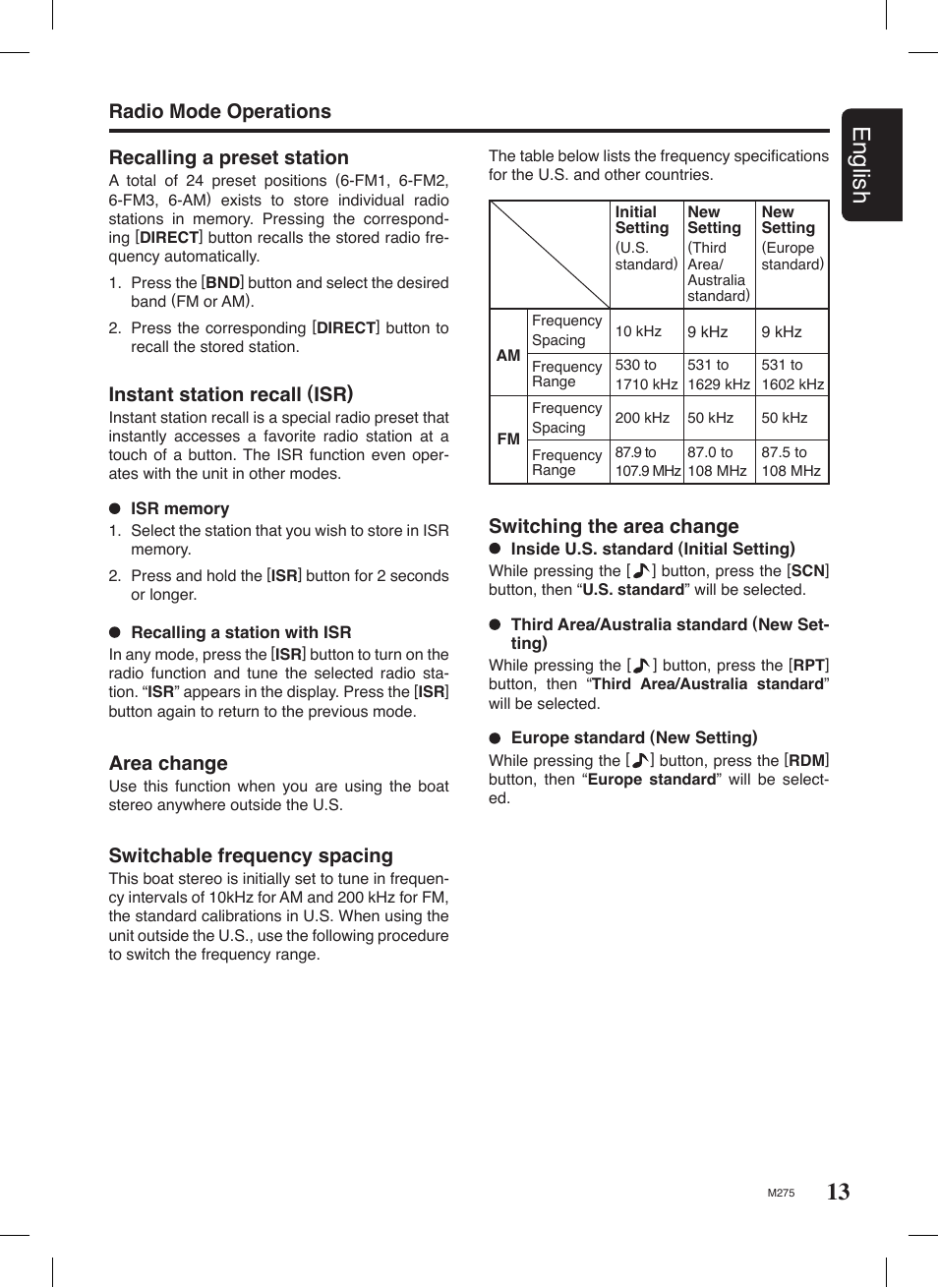 13 english, Radio mode operations recalling a preset station, Instant station recall (isr) | Area change, Switchable frequency spacing, Switching the area change | Clarion M275 User Manual | Page 12 / 25